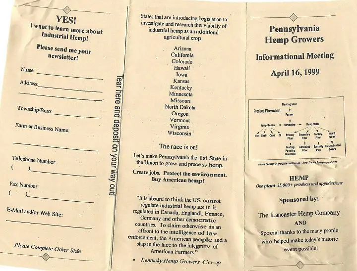 Hemp informational brochure for attendees at Yoder's restaurant in 1999