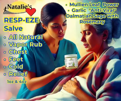 Health care female provider providing respiratory salve to woman on hospital bed with NataliesChoice logo &amp; product benefits listed.