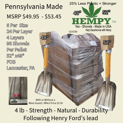 image of pallet of hemp shovels wrapped with 2 different sizes setting beside it
