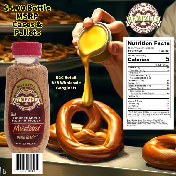 bottle of mustard and pouring of mustard on pretzels with a nutritional panel