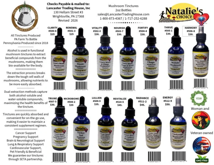13 bottles with barcodes introducing NataliesChoice Mushroom line