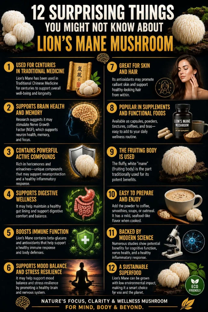 Assorted pictograph reasons why Lions Mane is good for your and our base.