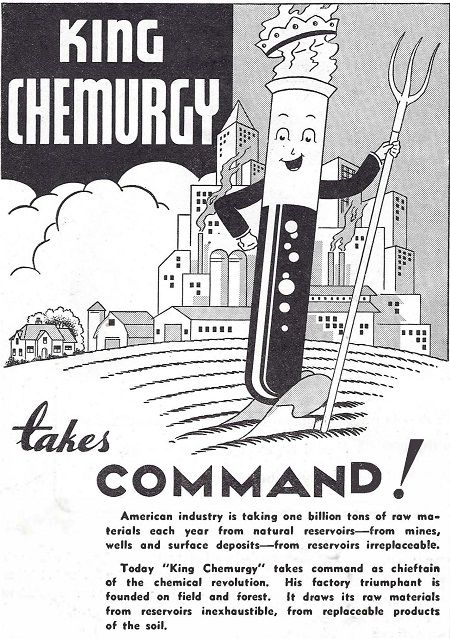 Advertisment for chemury, giant cartoon beeker with arms holding pitch fork with fields and city in background.