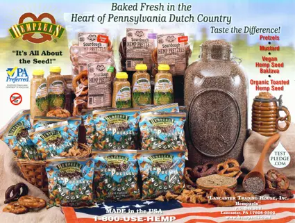 bags of pretzels, big jar of hemp seed, old images from Hempzels